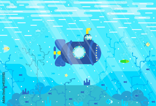 Cartoon blue submarine underwater among fish and algae, horizontal vector illustration 