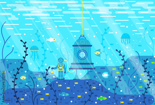 Diver with diving bell at the bottom of the sea. Vector cartoon illustration in flat stile