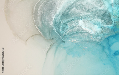  Abstract blue and pearl white glitter watercolor background. Marble texture. Alcohol ink. photo
