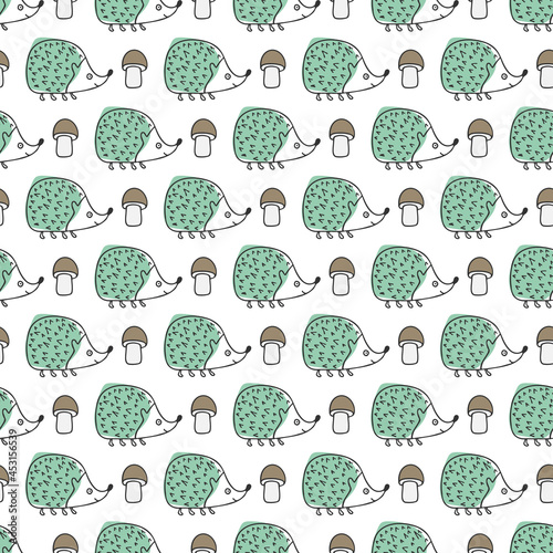 Vector seamless pattern with blue hedgehogs and mushroom on white background. Hand-drawn cute doodle illustration.