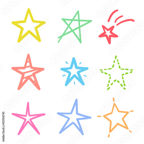 Hand drawn symbol. Star on isolated background. Different outlined stars on white. Freehand sign