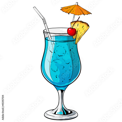 Blue lagoon cocktail, hand drawn alcohol drink with pineapple slice, cherry and umbrella. Vector illustration on white background