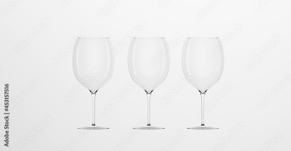 Fototapeta premium Empty wine glasses isolated on white background. Mockup blank transparent wineglasses, crystal goblets for alcohol drinks or cocktails, clear cups for vine beverage. Realistic illustration, 3d render