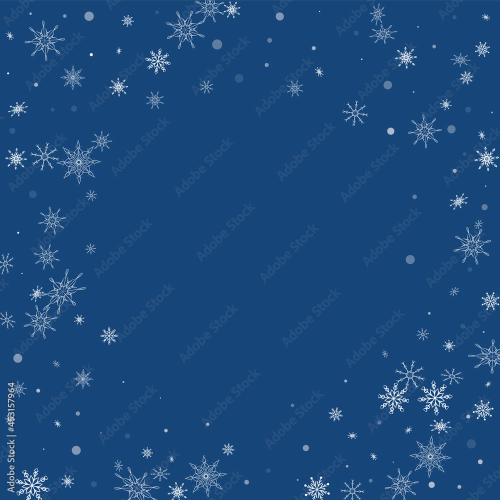 White delicate openwork snowflakes are scattered on a blue background. Festive background, postcard design, wallpaper White delicate openwork snowflakes are scattered on a blue background. Festive background, postcard design, wallpaper