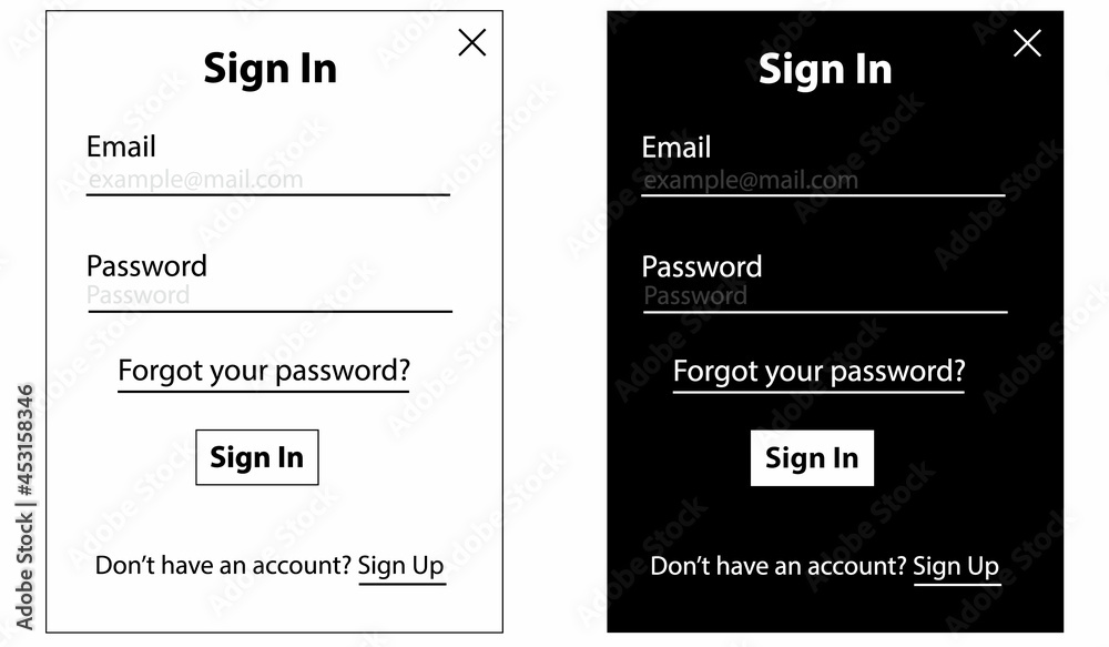 Log In form template set. Sign In with Facebook, Google, Apple. Isolated  login, sign in forms on white background. Website or App account connexion  page with email, passeword. UI vector Illustration. Stock