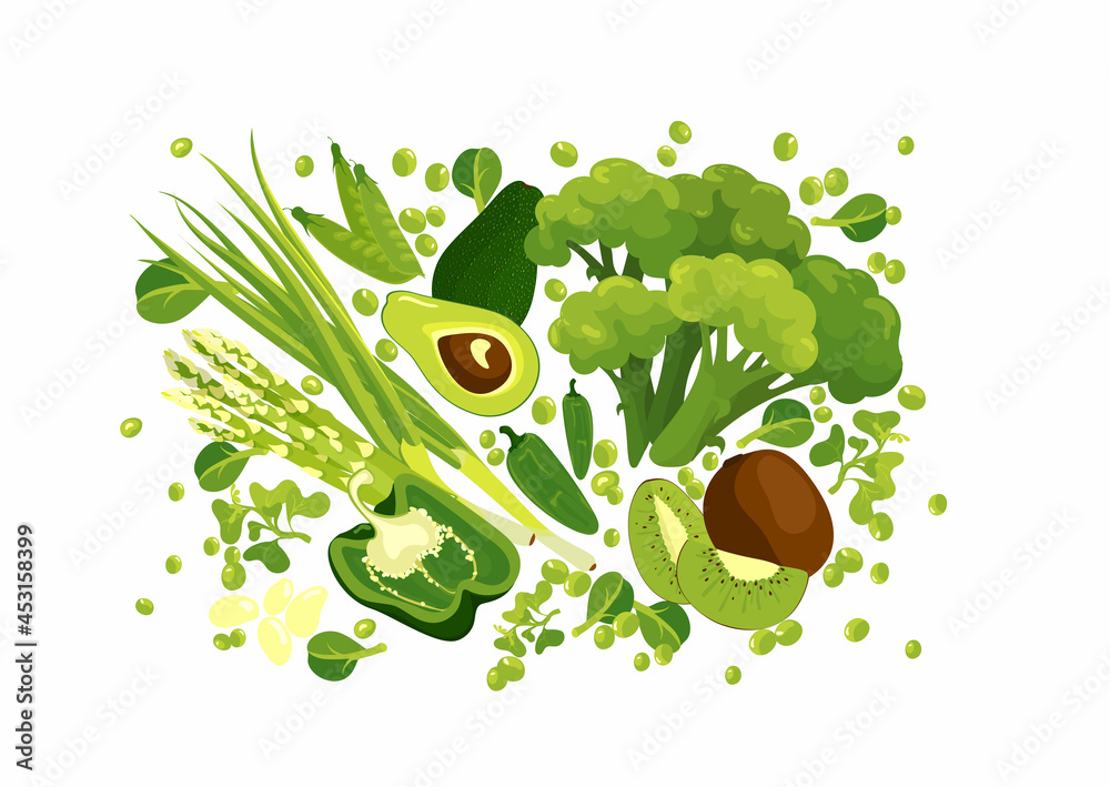 Green goods, fresh vegetables, greenstuff big vector set isolated