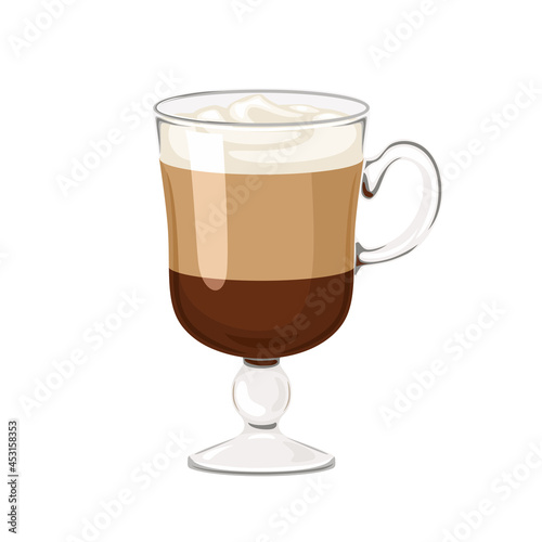 Latte in glass cup isolated on white background. Vector illustration of coffee drink in cartoon flat style.