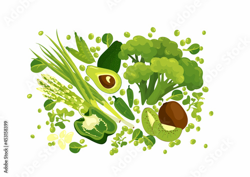 Green goods, fresh vegetables, green-stuff big vector set isolated. Avocado, pees bell pepper jalapeno green onion spinach cress salad, asparagus, broccoli, vitamin splash, salad. Banner advertising 