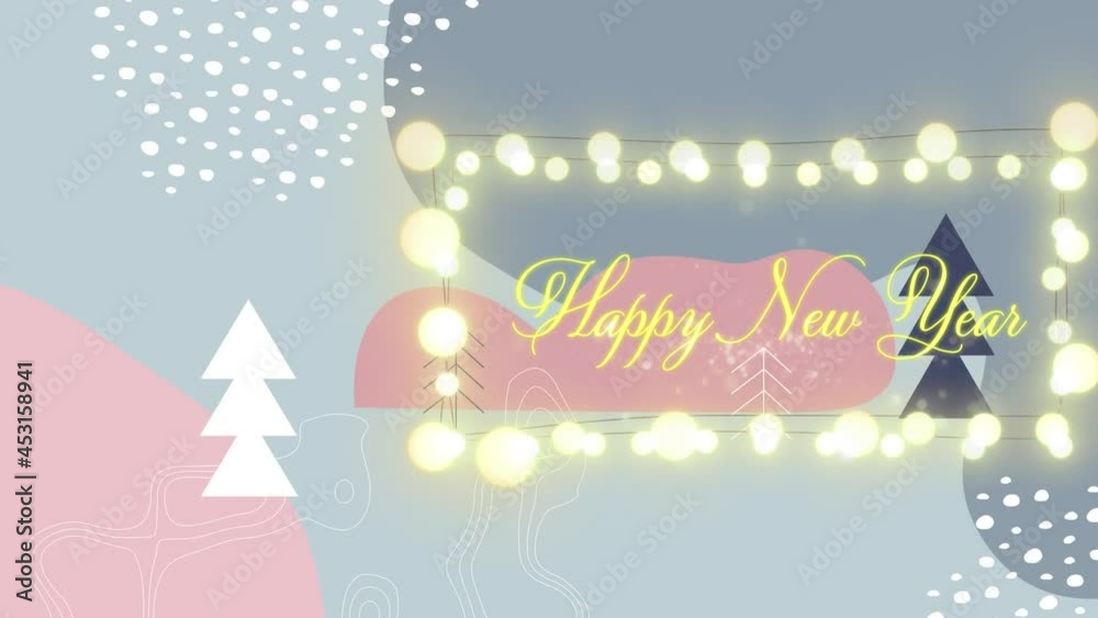 Happy new year text and fairy lights against christmas tree icons, topography and abstract shapes Happy new year text and fairy lights against christmas tree icons, topography and abstract shapes