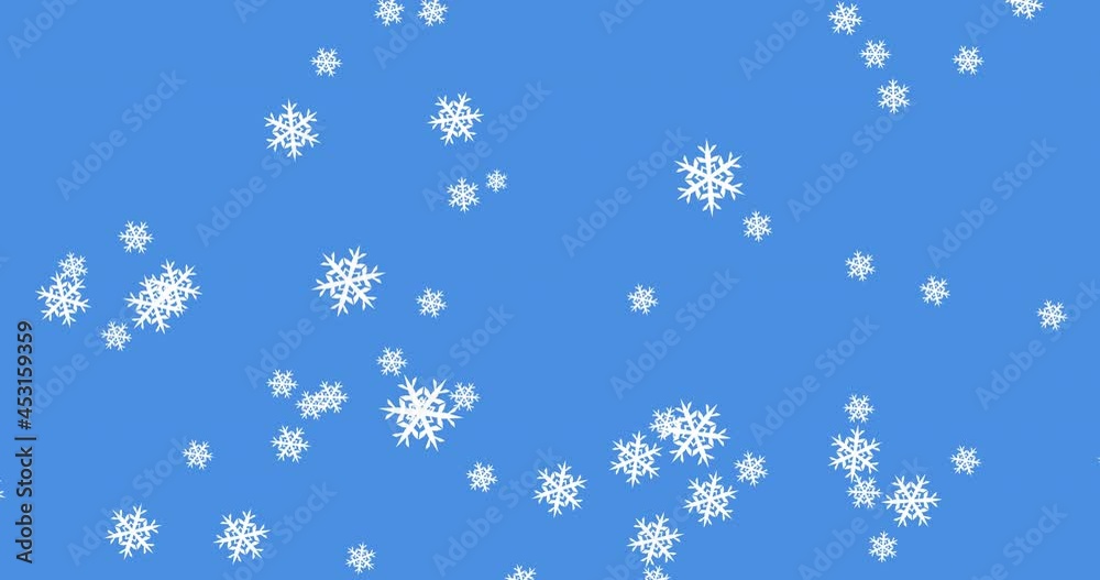 Digital animation of multiple snowflakes icons falling against blue background Digital animation of multiple snowflakes icons falling against blue background