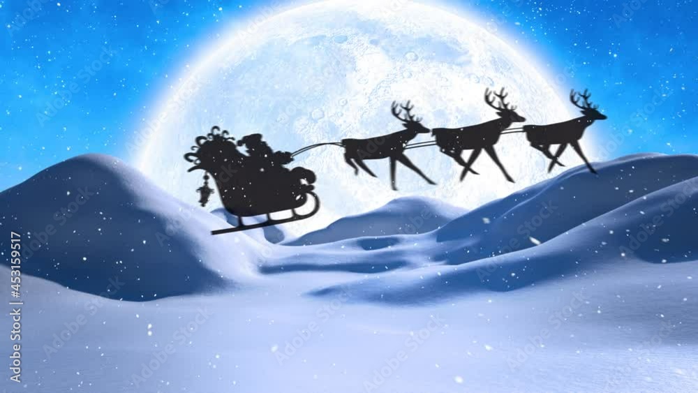 Silhouette of santa claus in sleigh being pulled by reindeers over snow falling on winter landscape Silhouette of santa claus in sleigh being pulled by reindeers over snow falling on winter landscape