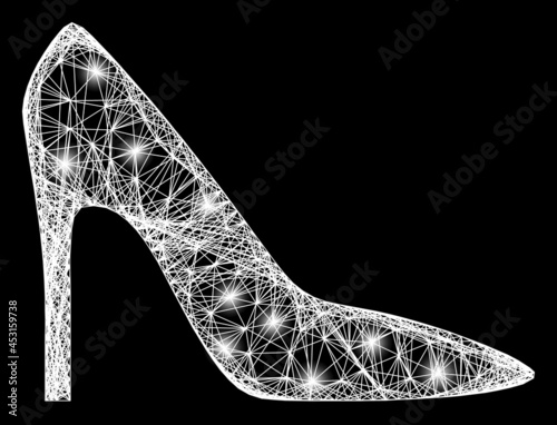 Shiny crossing mesh high heel lady shoe carcass with light spots. Constellation vector model created from high heel lady shoe symbol and crossing white lines.