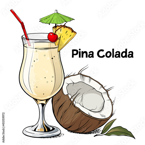 Pina Colada cocktail, hand drawn alcohol drink with coconut, pineapple slice and cherry. Vector illustration on white background