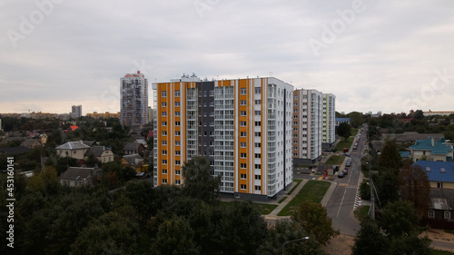 City block. Modern multi-storey buildings in the private sector. Flying at dusk at sunset. Aerial photography. © f2014vad