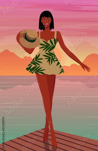 Digital illustration of a beautiful girl model resting on vacation posing against the backdrop of a bright sunset in a beautiful dress and hat