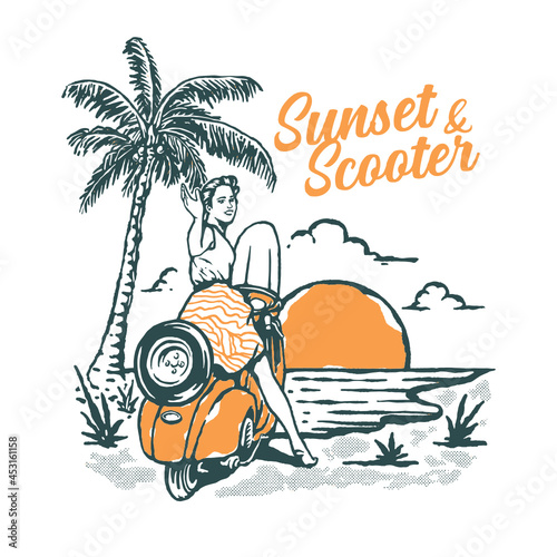 Sunset and scooter vintage woman illustration