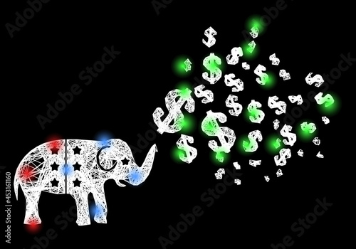 Shiny crossing mesh elephant stimulus dollars frame with bright dots. Constellation vector frame created from elephant stimulus dollars symbol and crossed white lines.