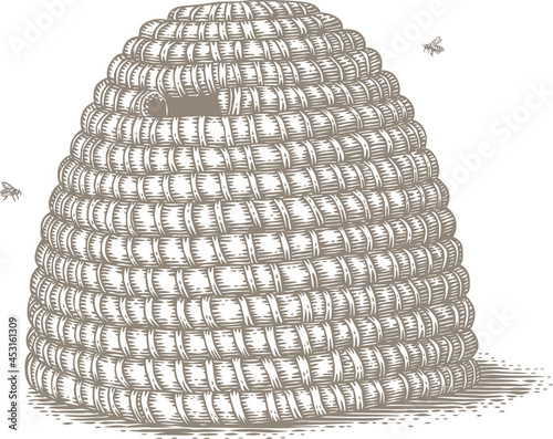 Isolated old style hand drawn straw hive and two bees