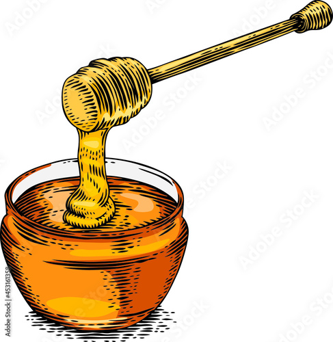 Isolated honey stick and glass jar with honey