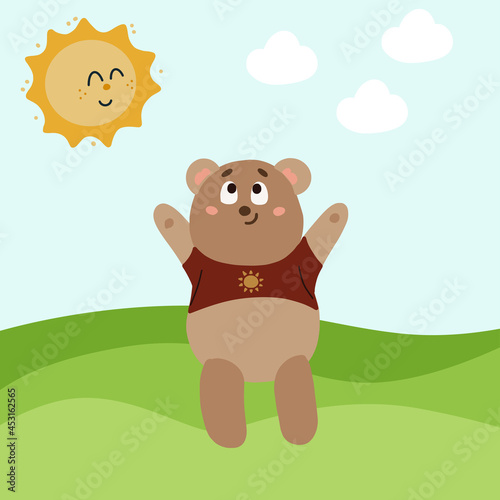 Cute bear greeting sunny day. Vector illustration