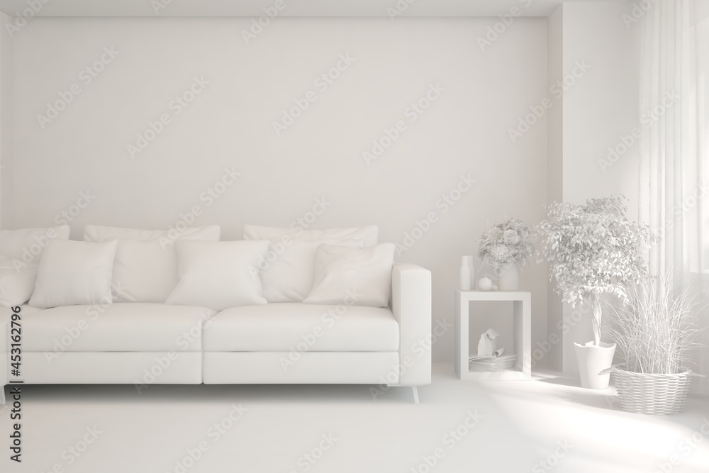 Mock up of minimalist living room in white color with sofa. Scandinavian interior design. 3D illustration Mock up of minimalist living room in white color with sofa. Scandinavian interior design. 3D illustration