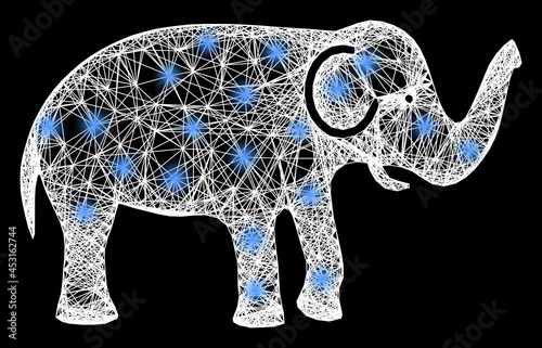 Bright crossing mesh elephant wireframe with bright dots. Illuminated vector framework created from elephant icon and crossed white lines. Sparkle carcass mesh elephant, on a black backgound.
