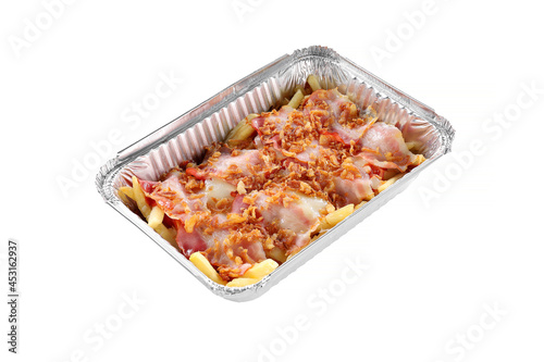 bacon with potato and cheese on a white background, isolated. food delivery fast food