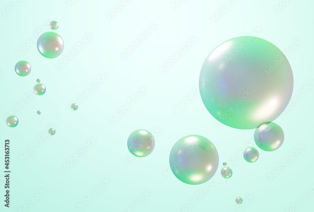 3D beautiful soap bubbles on pastel green background 