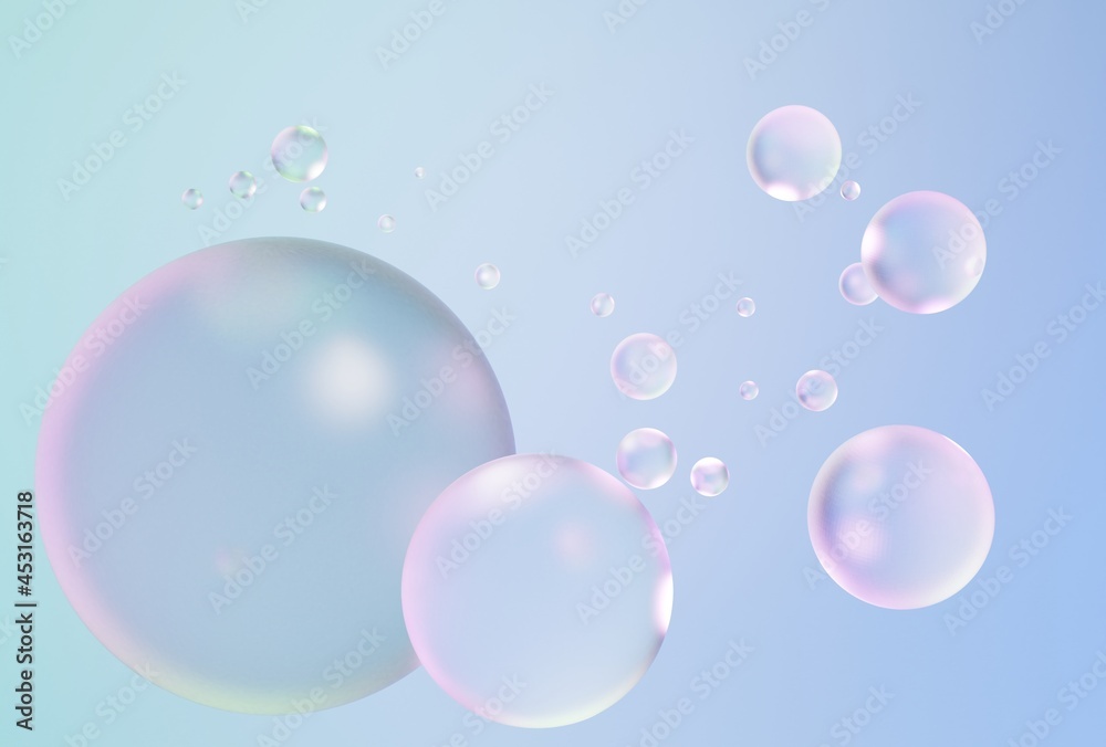 3D beautiful pinkish soap bubbles on pastel blue background 