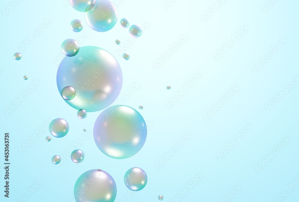 3D beautiful soap bubbles on pastel blue background 