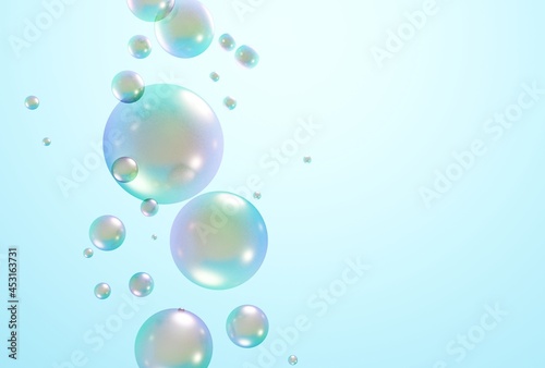 3D beautiful soap bubbles on pastel blue background 