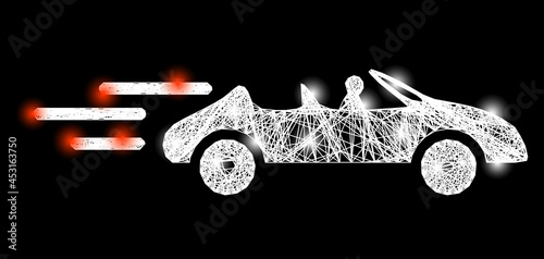 Bright crossing mesh cabriolet movement carcass with glowing spots. Constellation vector carcass created from cabriolet movement icon and crossed white lines. Sparkle carcass mesh cabriolet movement,
