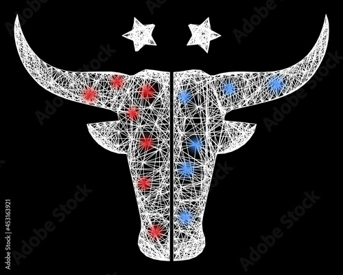 Glowing crossing mesh american beef logo framework with flash nodes. Illuminated vector frame created from american beef logo symbol and crossing white lines.