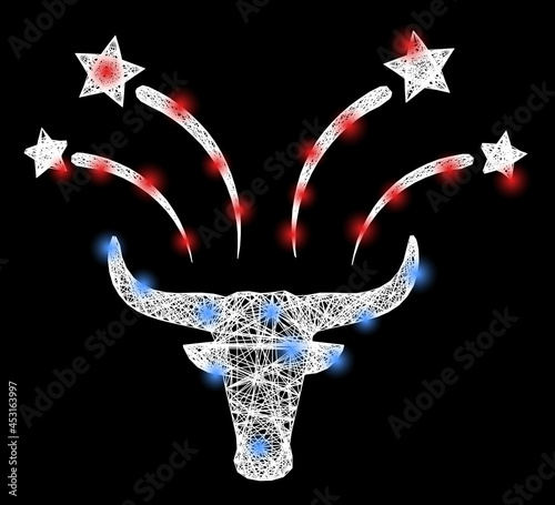 Bright net mesh bull fireworks wireframe with light spots. Constellation vector model created from bull fireworks icon and crossing white lines. Sparkle constellation mesh bull fireworks,