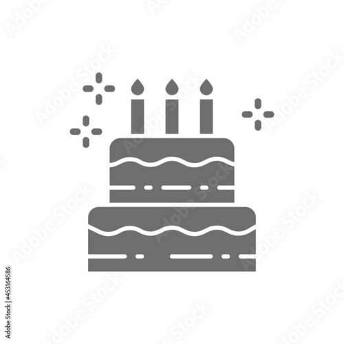 Birthday cake, holiday torte, sweet grey icon.