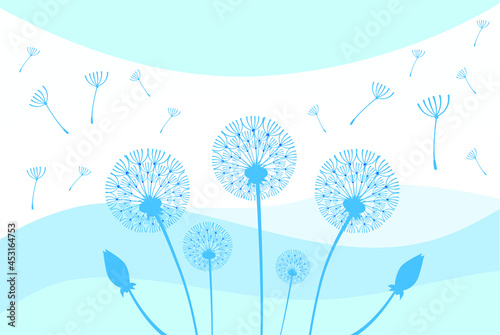 Blue dandelion design. Light illustration with plants for packaging, napkins, towels, toilet paper, pads. Vector stock illustration of hygiene products. Simple landscape with dandelions.