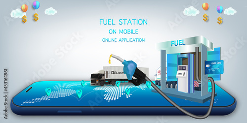 Fuel Stattion Online on Website or Mobile Application Vector Concep Fuel on mobile, Online Application full service concept.