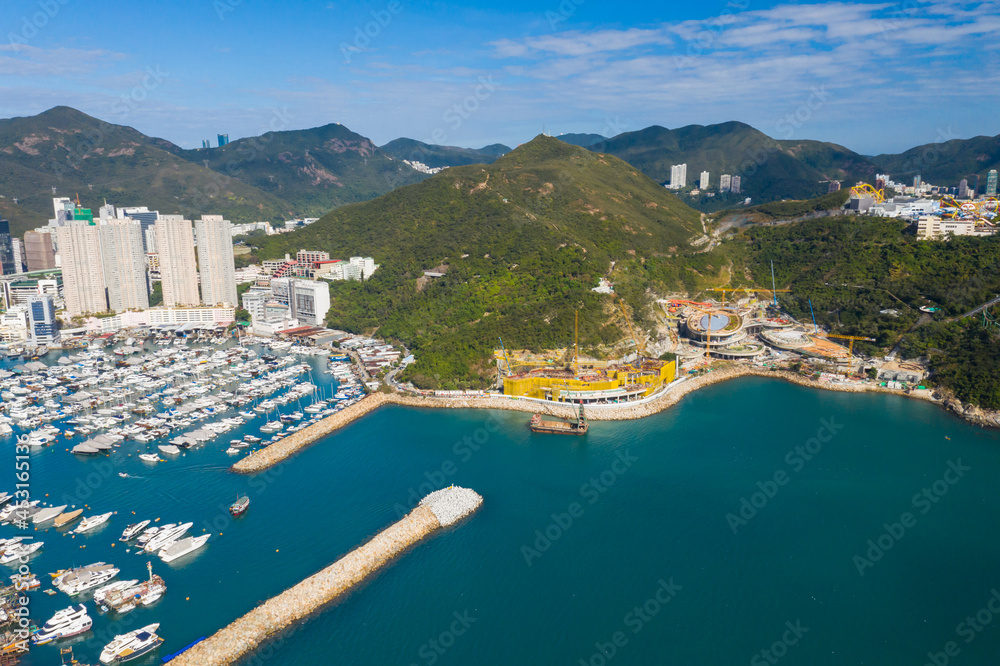 Aerial view of Aberdeen Typhoon Shelters and Ap Lei Chau Seen From mount Johnston, also known as Yuk Kwai Shan in Southern of Hong Kong