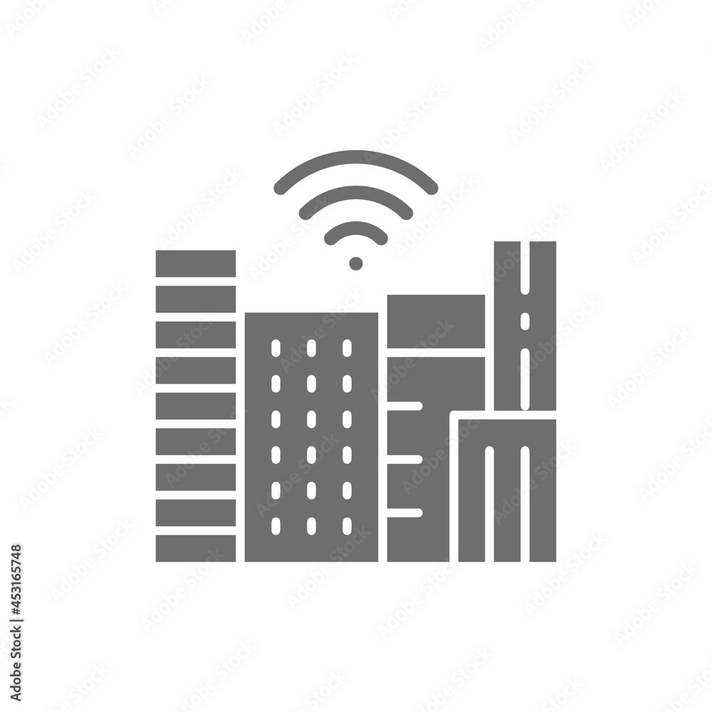 Smart town with Wi-Fi zone, technology city grey icon. Smart town with Wi-Fi zone, technology city grey icon.