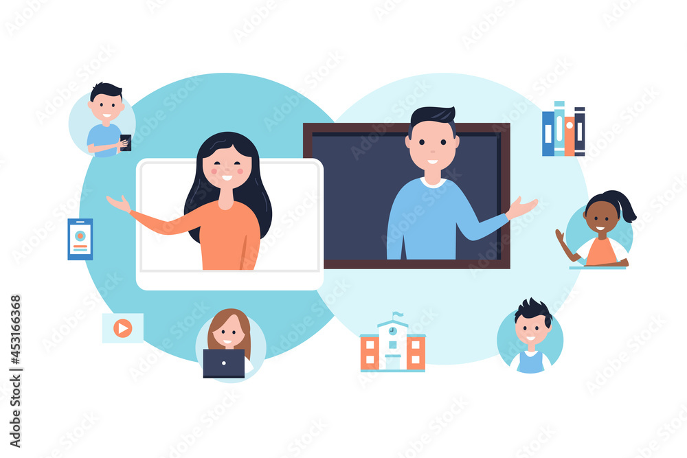 Blended Learning Education Approach. Teachers and Students. Online and Place Based Teaching and Learning. Vector Illustration Blended Learning Education Approach. Teachers and Students. Online and Place Based Teaching and Learning. Vector Illustration
