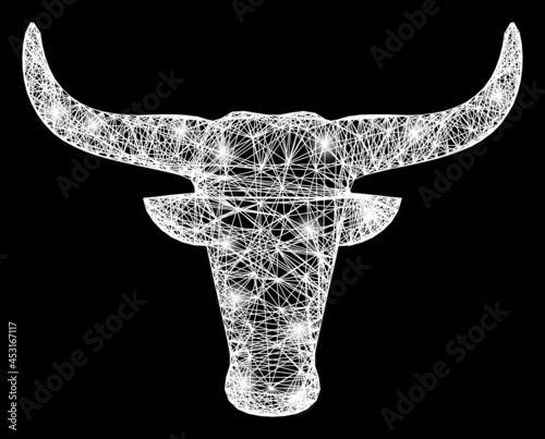 Flare net mesh cow head carcass with bright dots. Illuminated vector mesh created from cow head symbol and crossing white lines. Sparkle carcass mesh cow head, on a black backgound.