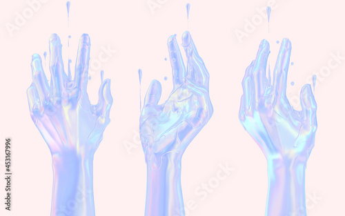 3d futuristic holographic hands abstract graphic design poster, dripping chromatic gradient 3d rendering
