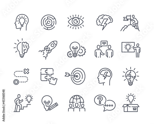 Set of icons for business. Team management and goal achievement sticker collection. Design elements for website and social network. Cartoon line art flat vector illustrations on white background