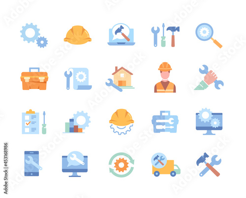 Stickers with tools for plumbing. Collection of icons with man, wrench, hammer and house. Design elements for applications and posters. Cartoon colorful vector set isolated on white background