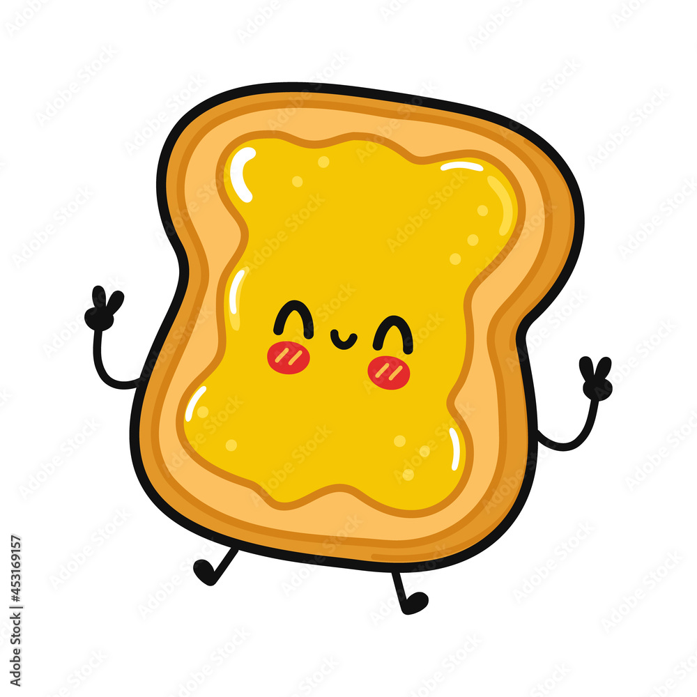 Cute funny jumping toast with honey character. Vector hand drawn cartoon kawaii character illustration icon. Toast with honey character concept Cute funny jumping toast with honey character. Vector hand drawn cartoon kawaii character illustration icon. Toast with honey character concept