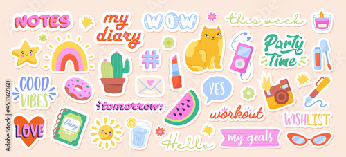 Set of beautiful stickers for notebook. Icons with inscriptions, fruits, cat and player. Design elements for decorating diary and printing. Cartoon flat vector collection isolated on pink background