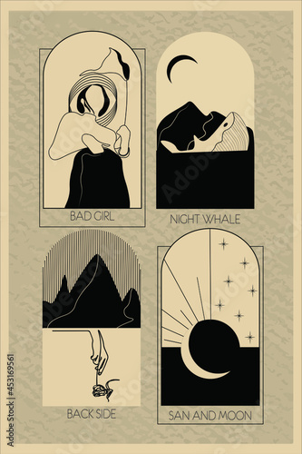 Collection of linear logos for studios, printing on paper, textiles, clothing. Symbols of a whale, mountains, universe, nature, sun and moon. Place for your text.