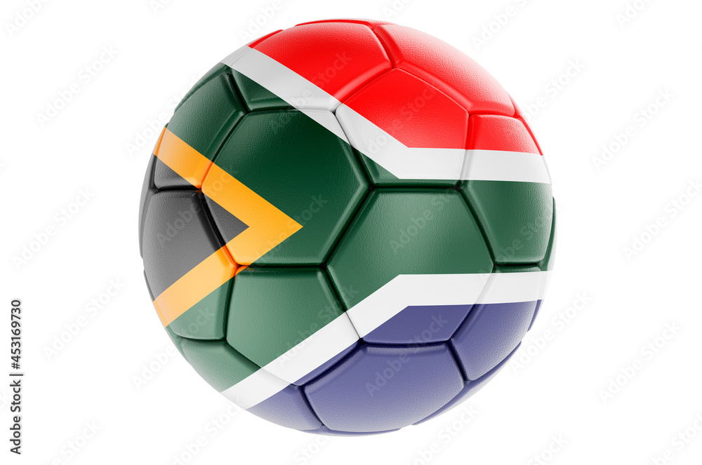 Soccer ball or football ball with South African flag, 3D rendering Soccer ball or football ball with South African flag, 3D rendering