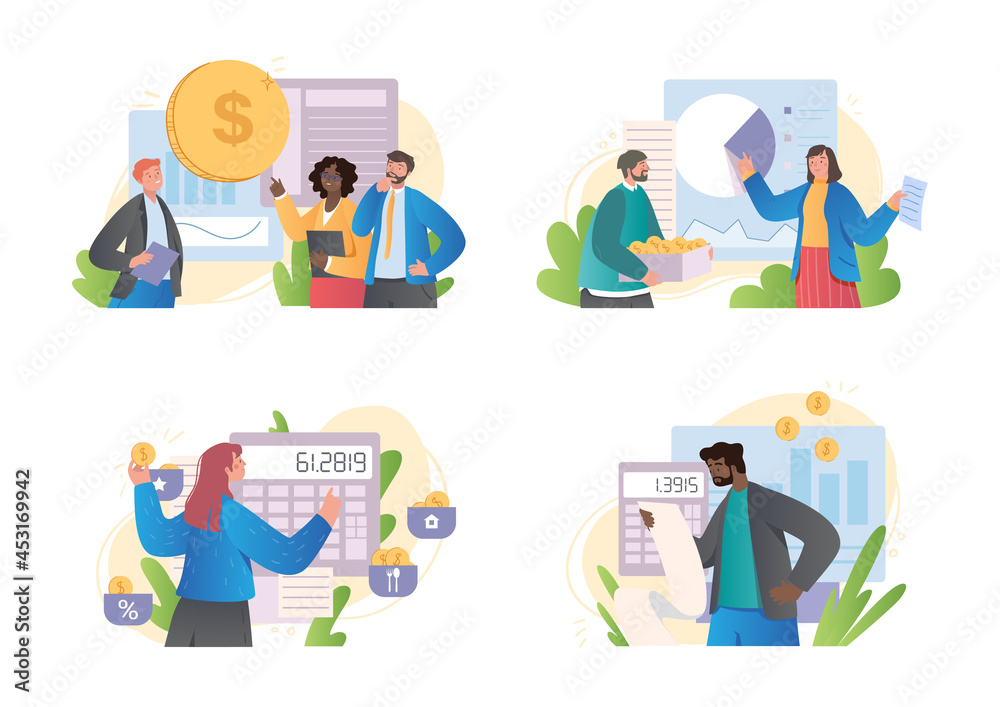 People analyze budget set of icons. Collection of men and women studying financial condition of business or family. Growth of profits. Cartoon flat vector illustration isolated on white background