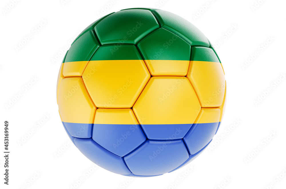 Soccer ball or football ball with Gabonese flag, 3D rendering Soccer ball or football ball with Gabonese flag, 3D rendering
